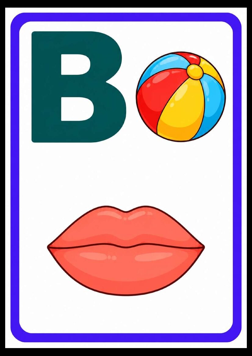 Alfabeto das boquinhas letra B com bola colorida e lábios unidos
